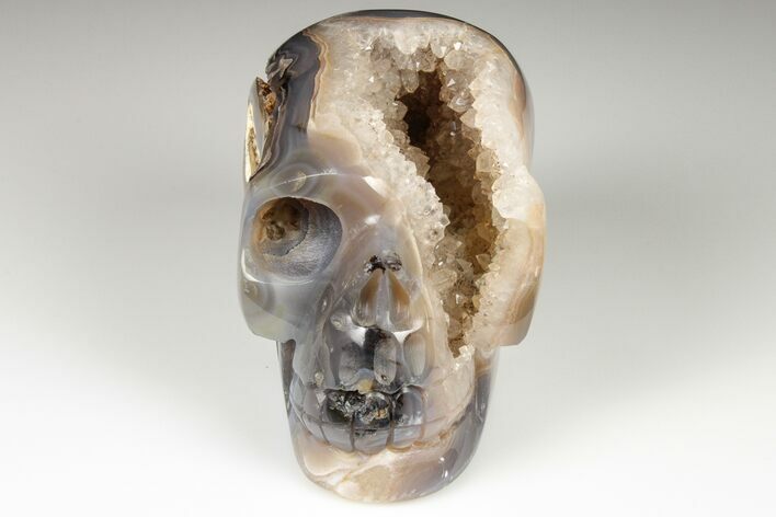 Polished Banded Agate Skull with Quartz Crystal Pocket #190458